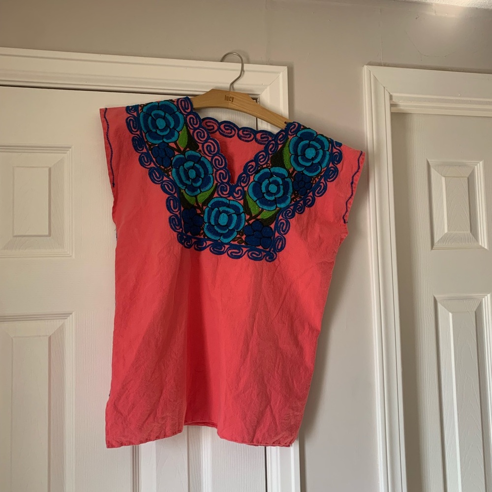 Pink Top with Blue Floral Embroidery